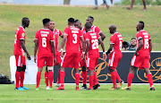 Deolin Mekoa of Martizburg United celebrates goal with teammates during the 2018 Nedbank Cup football match between Royal Eagles and Maritzburg United at Princess Magogo Stadium, Durban on 11 March 2018.