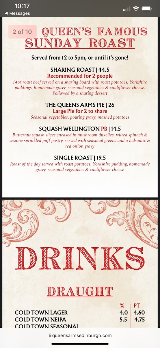 The Queens Arms gluten-free menu
