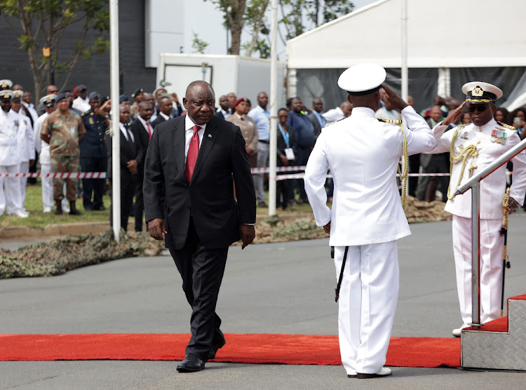 SANDF commander-in-chief President Cyril Ramaphosa arrives at Armed Forces Day in Richards Bay, north of KwaZulu-Natal.