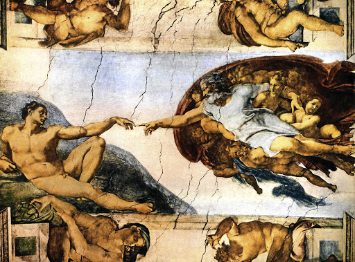 Michelangelo's Sistine Chapel, detail with The Creation of Adam, circa 1512.