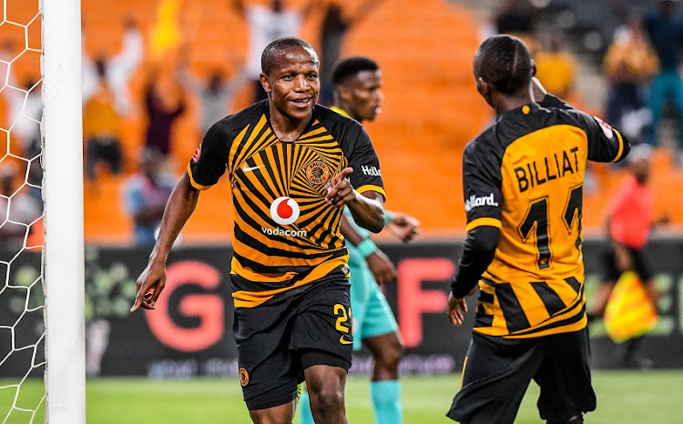 Lebogang Manyama of Kaizer Chiefs celebrates with teammates after scoring during the Absa Premiership match between Kaizer Chiefs and Baroka FC at FNB Stadium on September 28 2019 in Johannesburg.