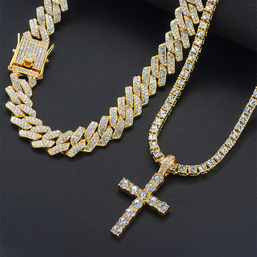 Title 2, Cross 4.0mm Diamond Studded Single Row Mens Ne...