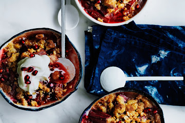 Rhubarb, pomegranate and hazelnut crumble