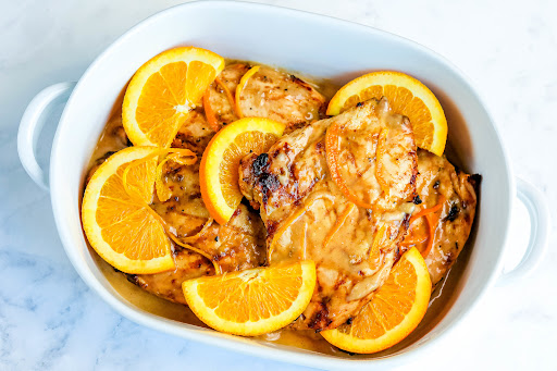 Grilled Chicken a L'Orange in a serving dish.