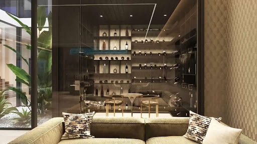 modern wine cellar with table and chairs in this luxury property for sale in Málaga ($7,526,546 - 3,035 m²)