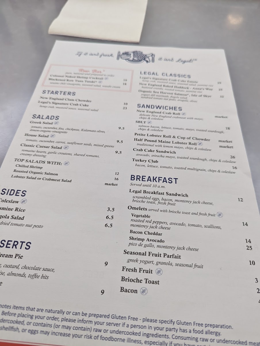 Legal Sea Foods gluten-free menu