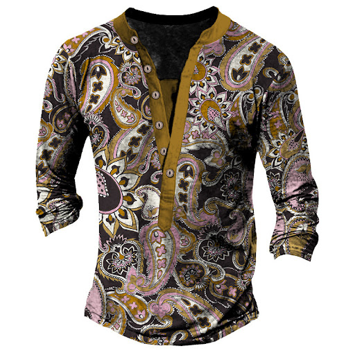 Title 6, Printed Retro Fashion Casual Henry Neck Long Sl...