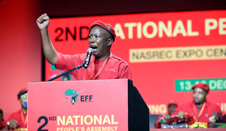 EFF leader Julius Malema addresses delegates at the party's conference on Saturday. Malema was elected unopposed as party leader for another five years.