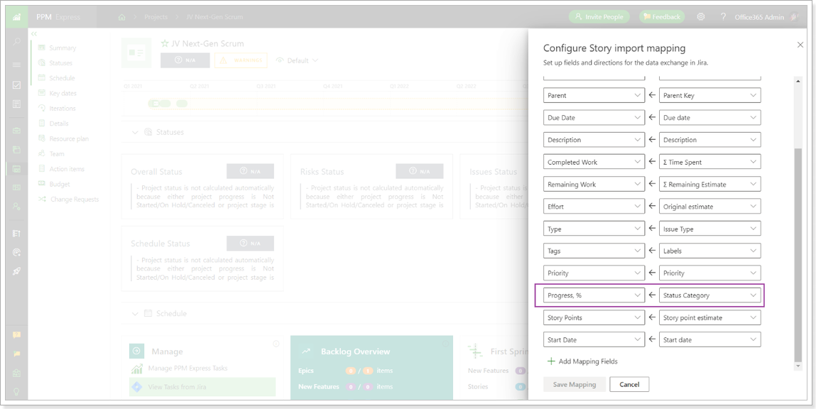 Configuration pof Story items in PPM Express