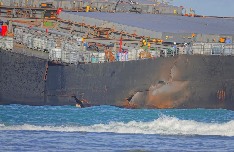 A section of the bulk carrier ship MV Wakashio that ran aground on a reef, is pictured at the Rivière des Créoles, on August 13 2020. Picture: REUTERS/REUBEN PILLAY