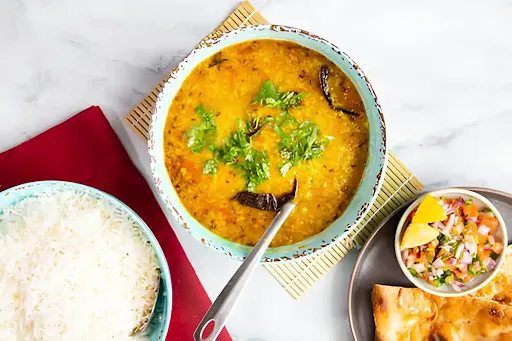 Dal Tadka With White Rice, Sindhi Papad, Dahi And Achar