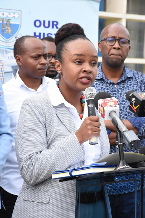 Chief Administrative Secretary Mercy Mwangangi giving an update of the recent case of COVID-19's first case reported in the country at KNH on March 14, 2020.