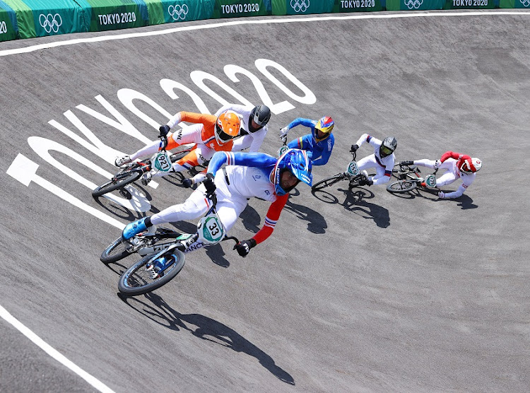 Joris Daudet of Team France, Joris Harmsen of Team Netherlands, Tore Navrestad of Team Norway, Vincent Pelluard of Team Colombia, Evgeny Kleshchenko of Team ROC compete as Simon M. Marquart of Team Switzerland falls during the Men’s BMX quarterfinal heat 3, run 3 on day six of the Tokyo 2020 Olympic Games at Ariake Urban Sports Park on July 29, 2021 in Tokyo, Japan.