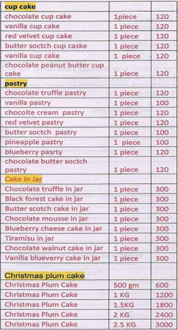 Manisha's Bakery 24X7 menu 