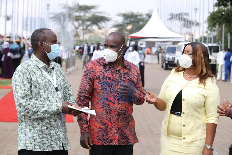 Co-chair of the BBI Secretariat Junet Mohamed, National Assembly Minority Leader John Mbadi and Laikipia Woman Representative Cate Waruguru during the BBI signature launch at the KICC on November 25, 2020.