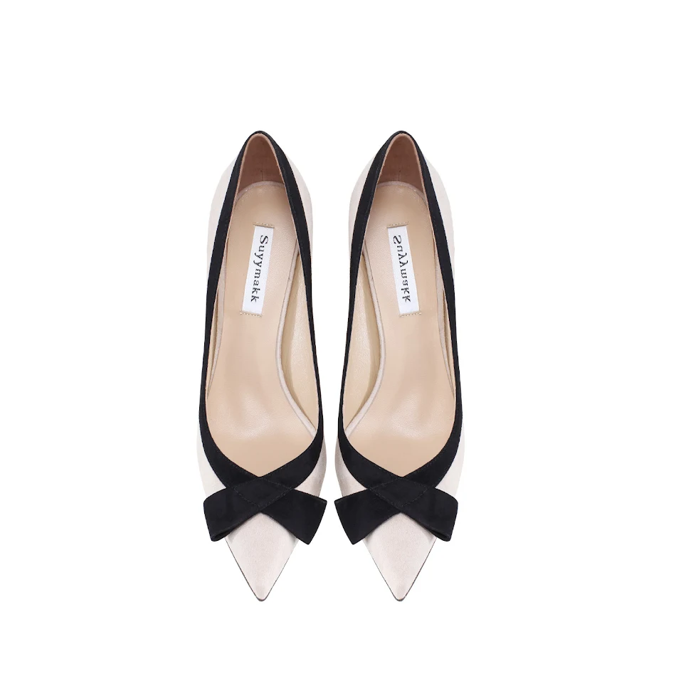 Zapatos de tacón alto de ante con lazo y cuero genuino para mujer color albaricoque, elegantes y cómodos para cualquier ocasión.