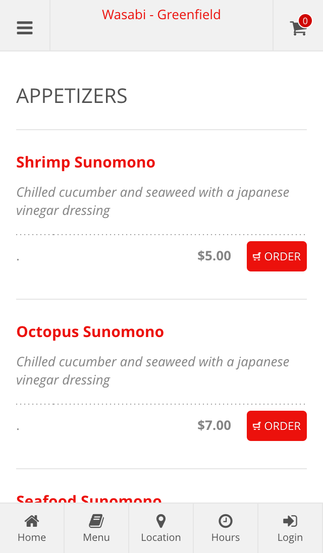 Wasabi Greenfield Online Order Screen 2