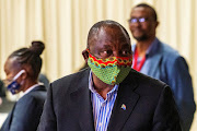 President Cyril Ramaphosa visits the Covid-19 treatment facilities at the NASREC Expo Centre in Johannesburg on April 24 2020.