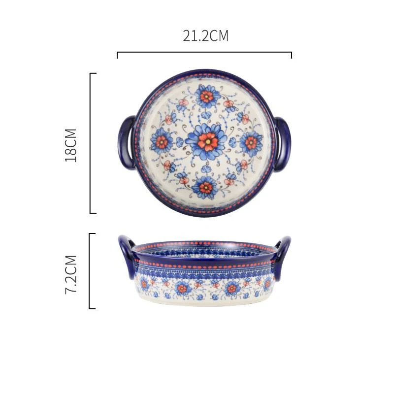 Poolse stijl Franse geglazuurde keramische ronde bakplaat voor ovengerechten, taarten en gratins. Zorgt voor gelijkmatige bakresultaten en is gemakkelijk schoon te maken.