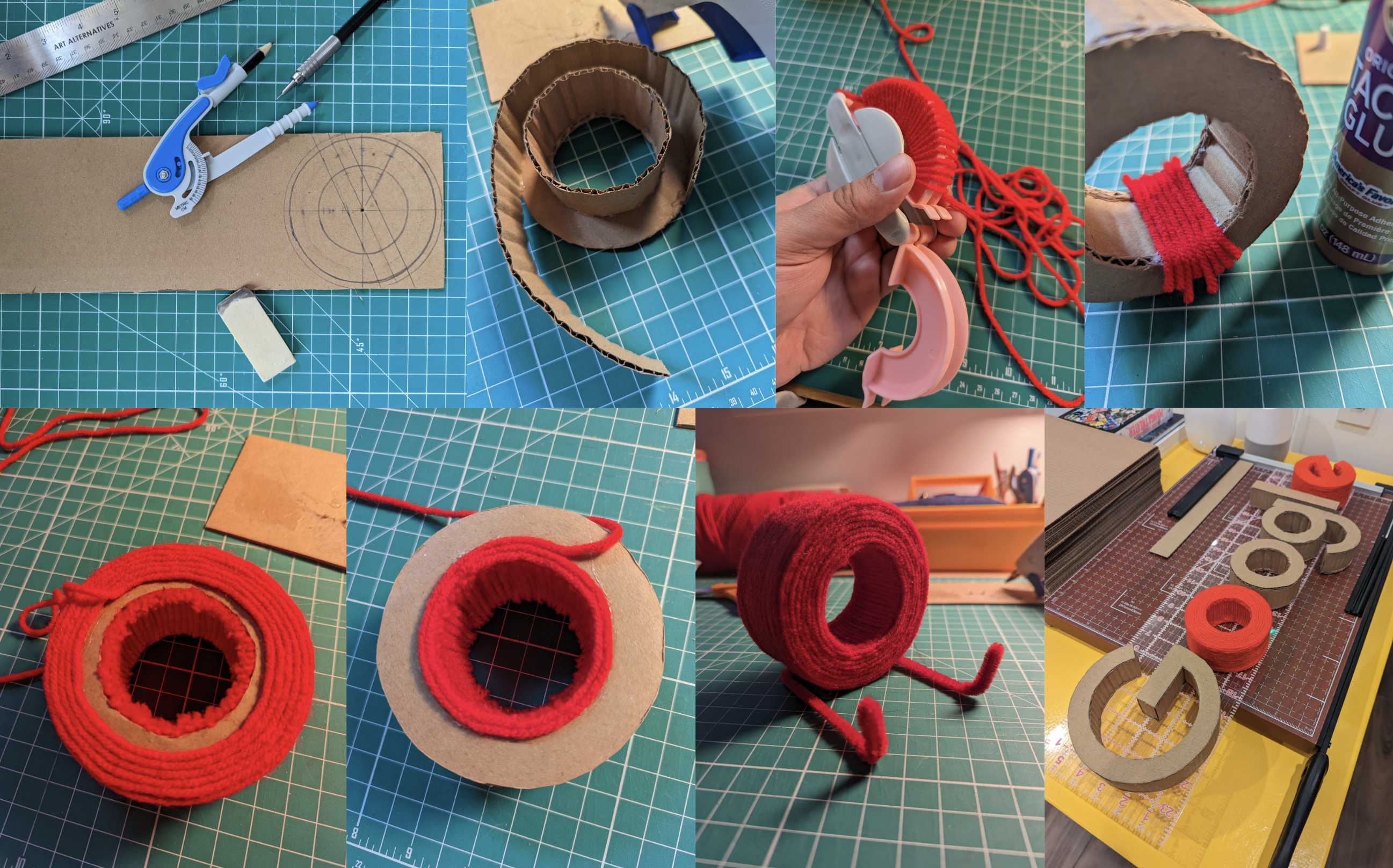 Various photos of spools of yarn on a work station. The Google logo is being built out of yarn. 