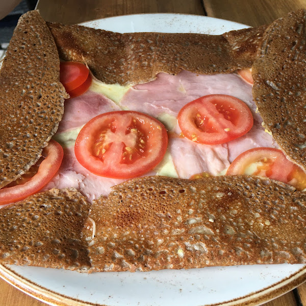 Buckwheat crepe with ham, cheese and tomato