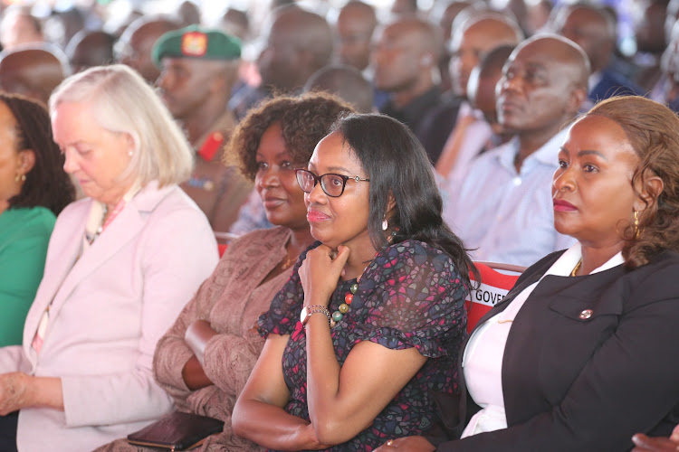 Governors Cecily Mbarire ( Embu), Susan Kihika ( Nakuru) and Wavinya Ndeti ( Machakos) at the Tom Mboya University for the Homa Bay investment conference on February 27,2024.on February 27, 2024.