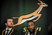 Bismarck du Plessis and Tendai Mtawarira of the Springboks during a media briefing as the team arrives from the Rugby World Cup in England on November 3, 2015 at the OR Tambo International Airport in Johannesburg, South Africa. South Africa finished as the third best team in the world after losing to world champions New Zealand in the semi-finals and then beating Argentina in the bronze final.