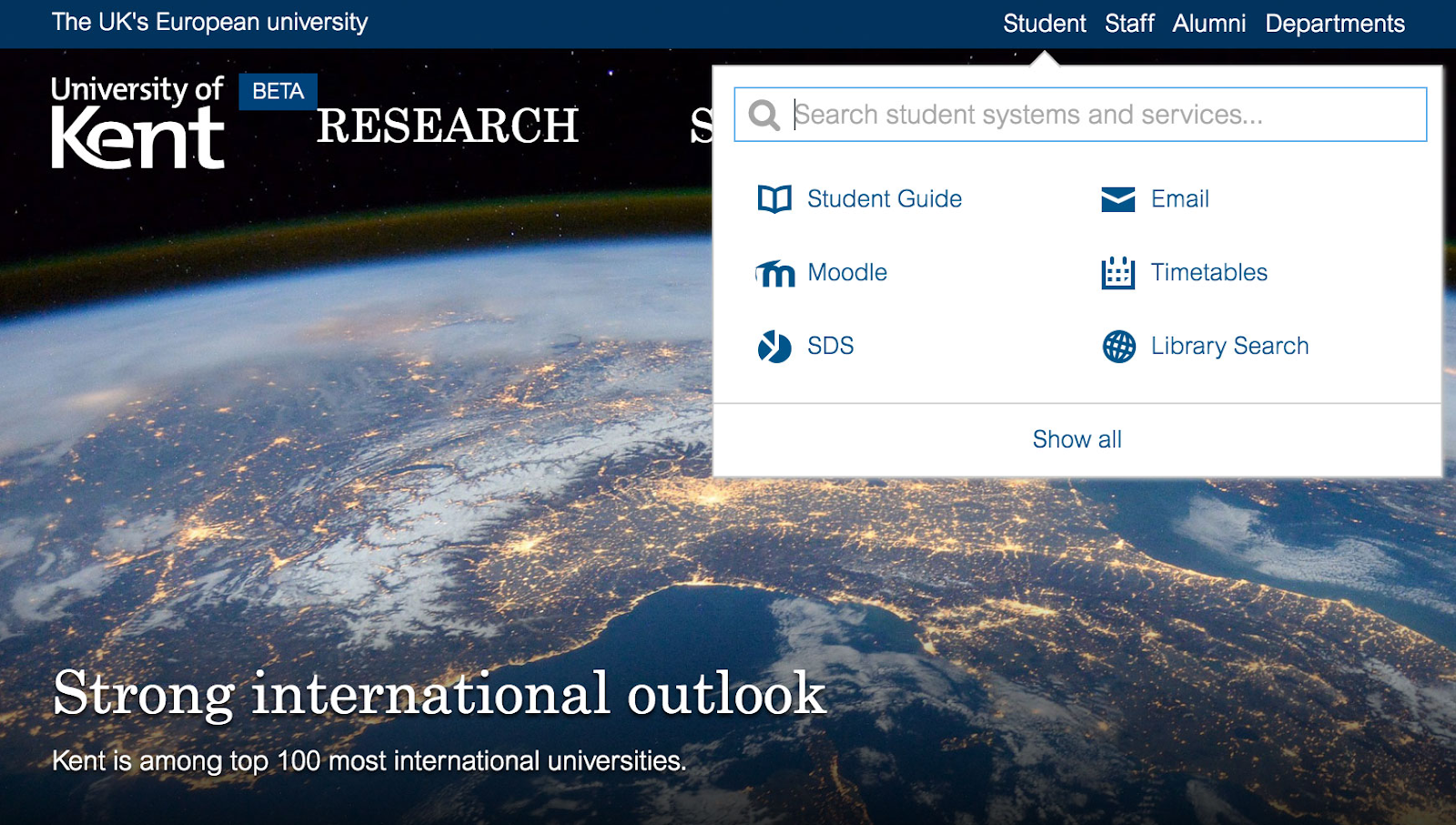 Screenshot of the staff/student quicklinks and search