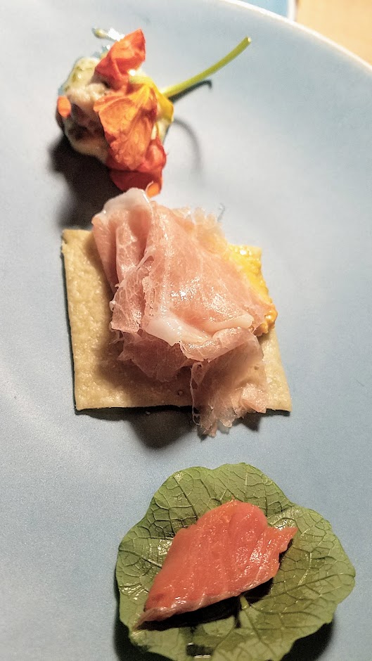 Langbaan Chefs Who Inspire Dinner with Edouardo Jordan of Salare and Junebaby, a collaboration with Chef Earl Ninsom of Langbaan to benefit Farestart. This is one of three snacks, Smoked salmon rillette, pimento cheese, country ham, saltine cracker (you can get a variation of this at Junebaby)