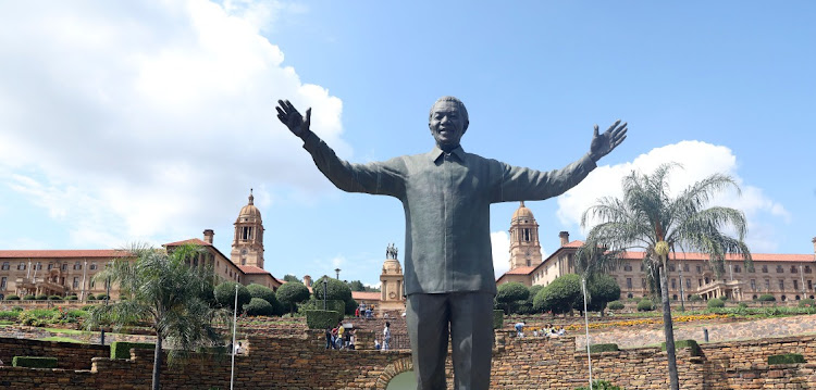 The late President Nelson Rolihlahla Mandela’s 9m bronze statue at the Union Buildings. Picture: VELI NHLAPO