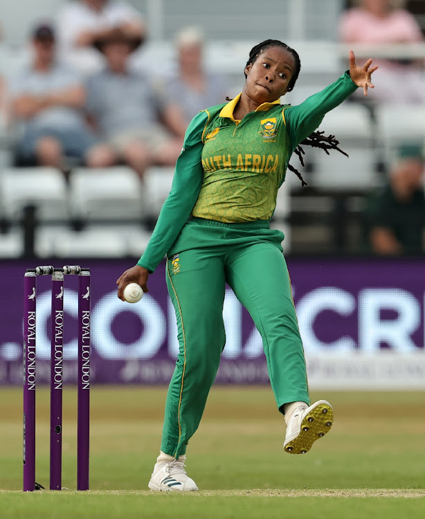 Tumi Sekhukhune of South Africa bowls during the 1st Royal London Series One Day International between England Women and South Africa Women at The County Ground on July 11, 2022 in Northampton, England.