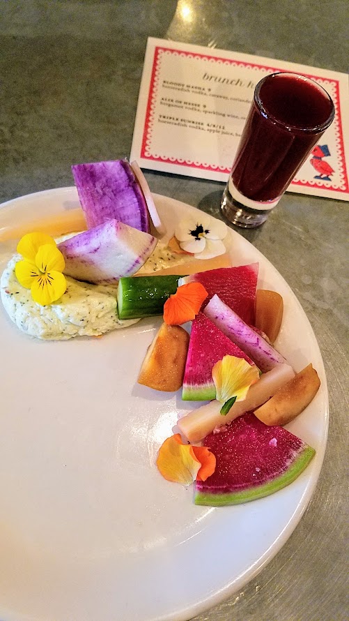 Guests were welcomed to the Kachka Maslenitsa brunchwith a vitamin shot called Triple Sunrise with horseradish vodka, apple juice, beet juice, and celery bitters, and then given a crudite plate with dill butter