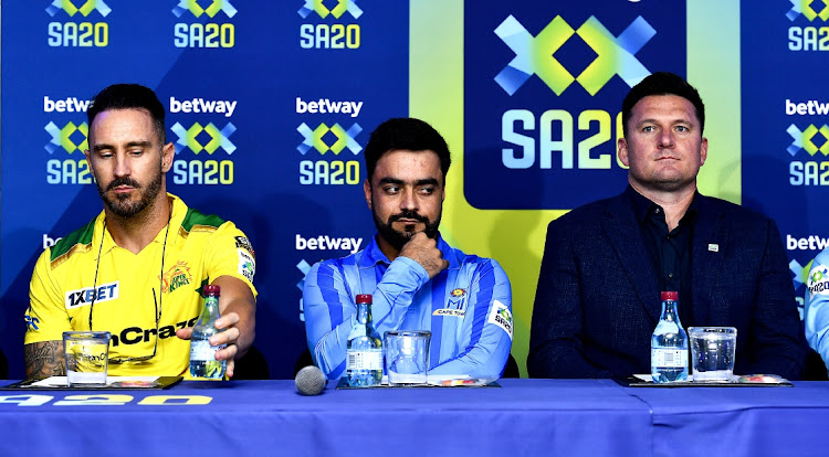 Chennai Super Kings Captain, Faf du Plessis, MI Cape Town Captain, Rashid Khan and Graeme Smith during the Betway SA20 captains' press conference at Southern Sun The Cullinan on January 07, 2023 in Cape Town, South Africa.