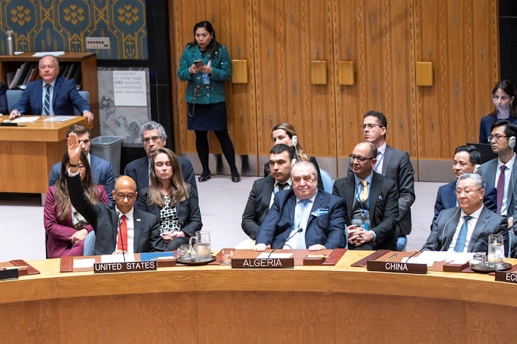 US deputy ambassador to the UN Robert Wood votes against members of the Security Council allowing Palestinian membership during a Security Council meeting at UN headquarters in New York, the US, April 18 2024. Picture: REUTERS/Eduardo Munoz