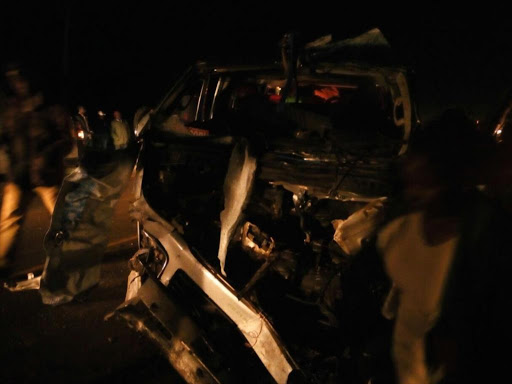 The wreckage of the matatu which collided with a saloon car in Ndaragwa on Thursday, August 16, 2018. /NDICHU WAINAINA