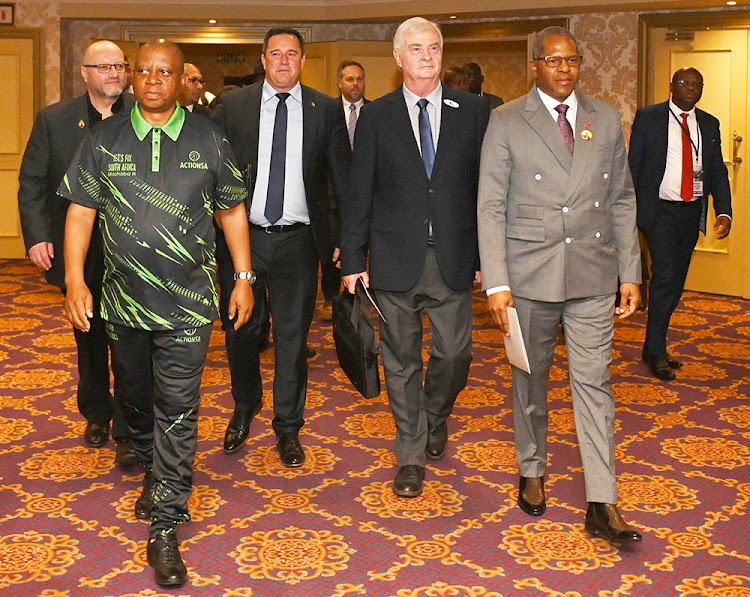 From left, Neil de Beer of the UIM, Herman Mashaba of ActionSA, John Steenhuisen of the DA, Pieter Groenewald of the FF+ and Velenkosini Hlabisa of the IFP at the Multi-Party Charter negotiations in Kempton Park.