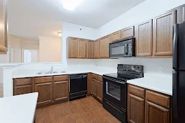 Kitchen with dark wood cabinets, black appliances, dark wood inspired flooring, and light countertops