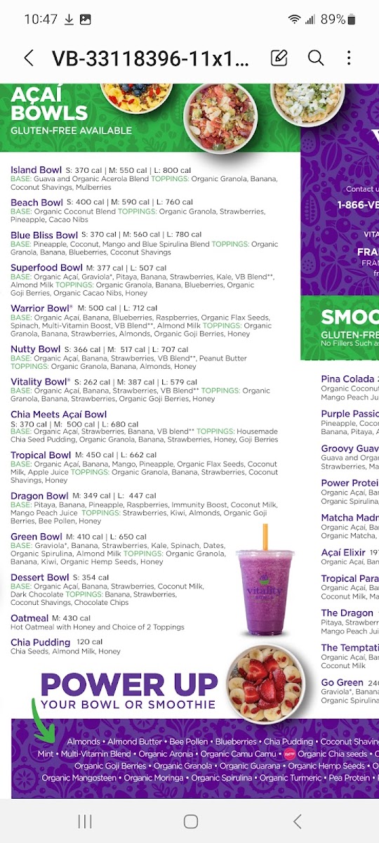 Vitality Bowls gluten-free menu