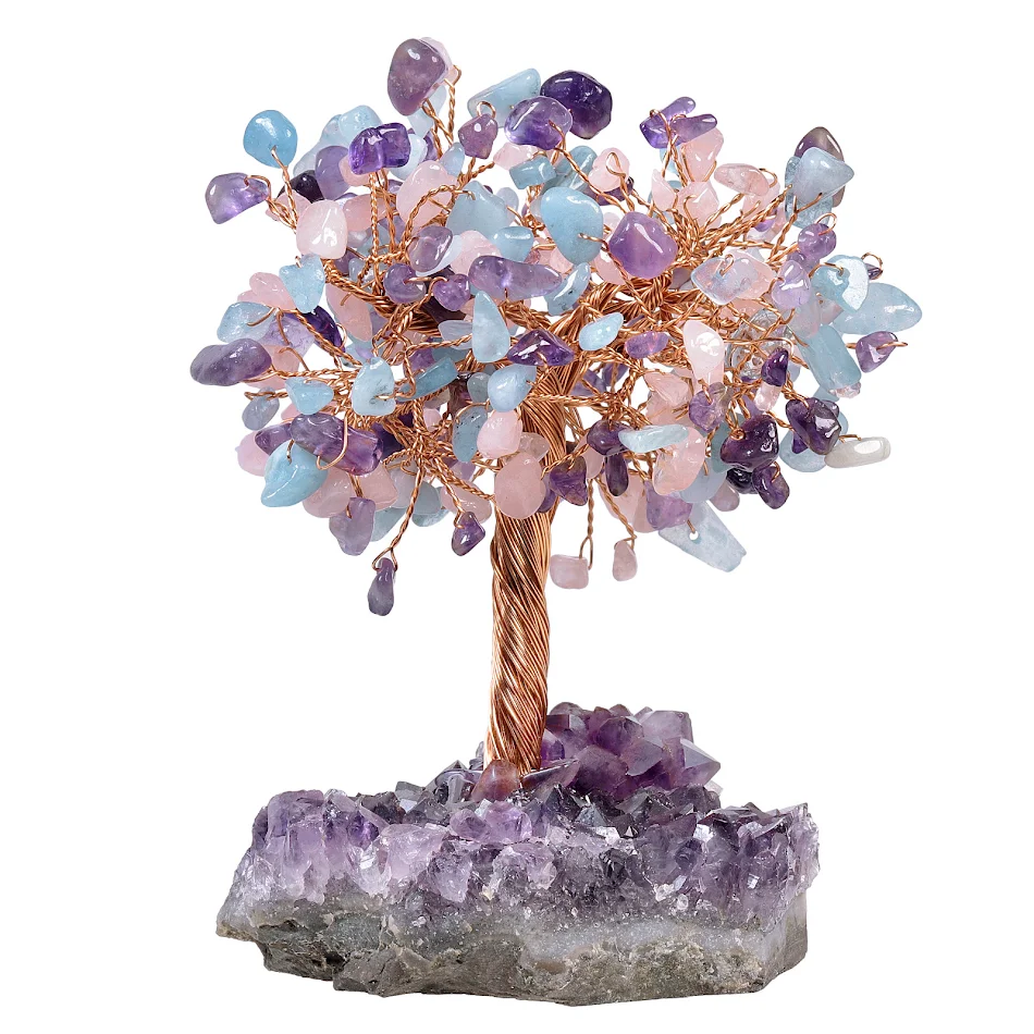 Natural Amethyst Flower Tree Handicraft Ornament with Regular Gravel Base for Home Decor, Positive Energy and Relaxation