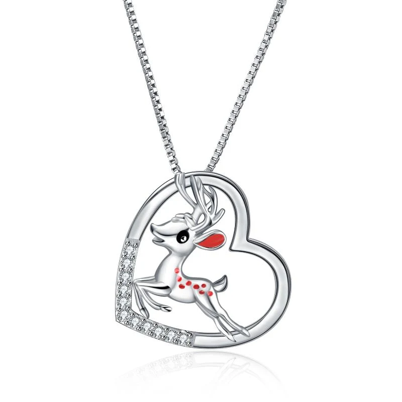 Collier en argent sterling avec pendentif cœur de cerf Sika et zircon, un bijou délicat pour femme, symbole de la nature et de l'amour.