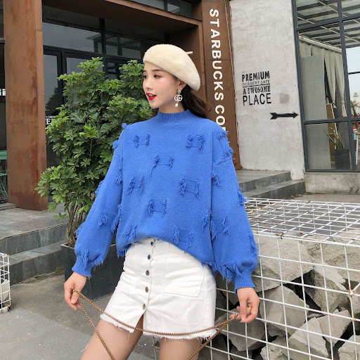 Title 6, Half High Neck Loose Knit Sweater Top Net Red L...