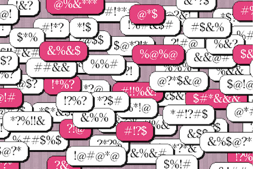 Muchas burbujas de chat diferentes colocadas unas sobre otras, algunas de color rosa y otras de color blanco, muestran símbolos que indican lenguaje ofensivo.