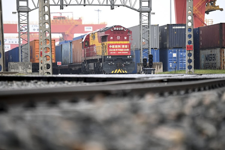 A China-Europe freight train is seen at Xi'an International Port in Xi'an, northwest China's Shaanxi Province, March 23, 2023.