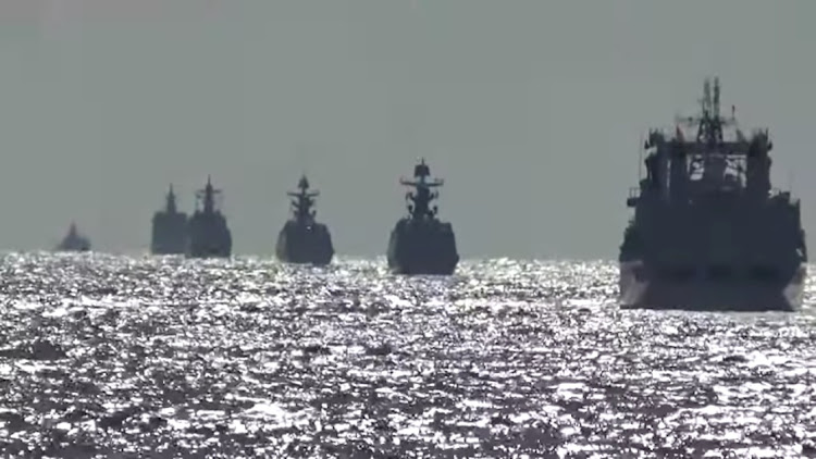 A group of naval vessels from Russia and China conduct a joint maritime military patrol in the waters of the Pacific Ocean, in this still image taken from video released on October 23, 2021.