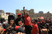 Julius Malema greets the crowd at Church Square, Pretoria. 