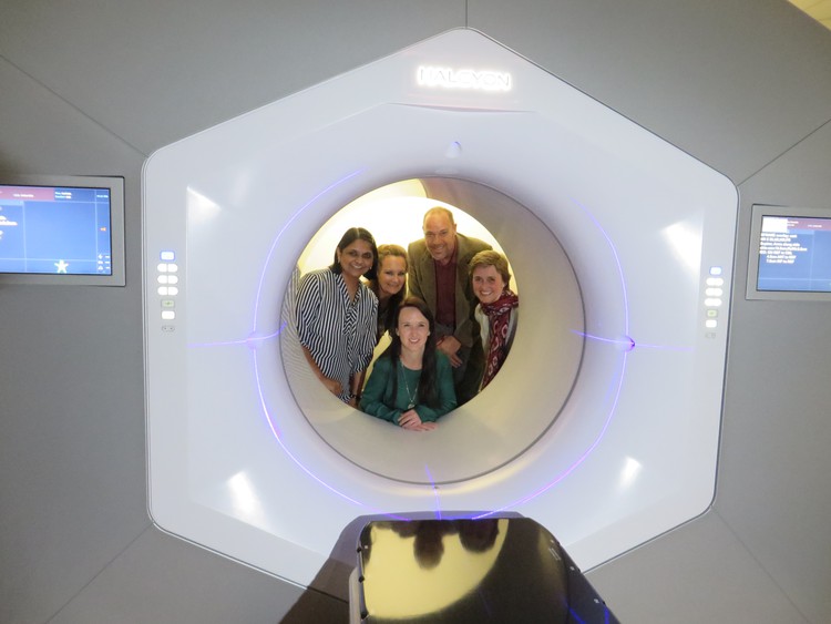 The new Halcyon radiotherapy machine at Groote Schuur hospital. In front is medical physicist Nanette Joubert. Back, from left, are Dr Bhavna Patel, CEO of the hospital; Nadette Eick, chief operations officer; Francois Heyns, a patient; and Prof Jeannette Parks, head of radiation oncology.