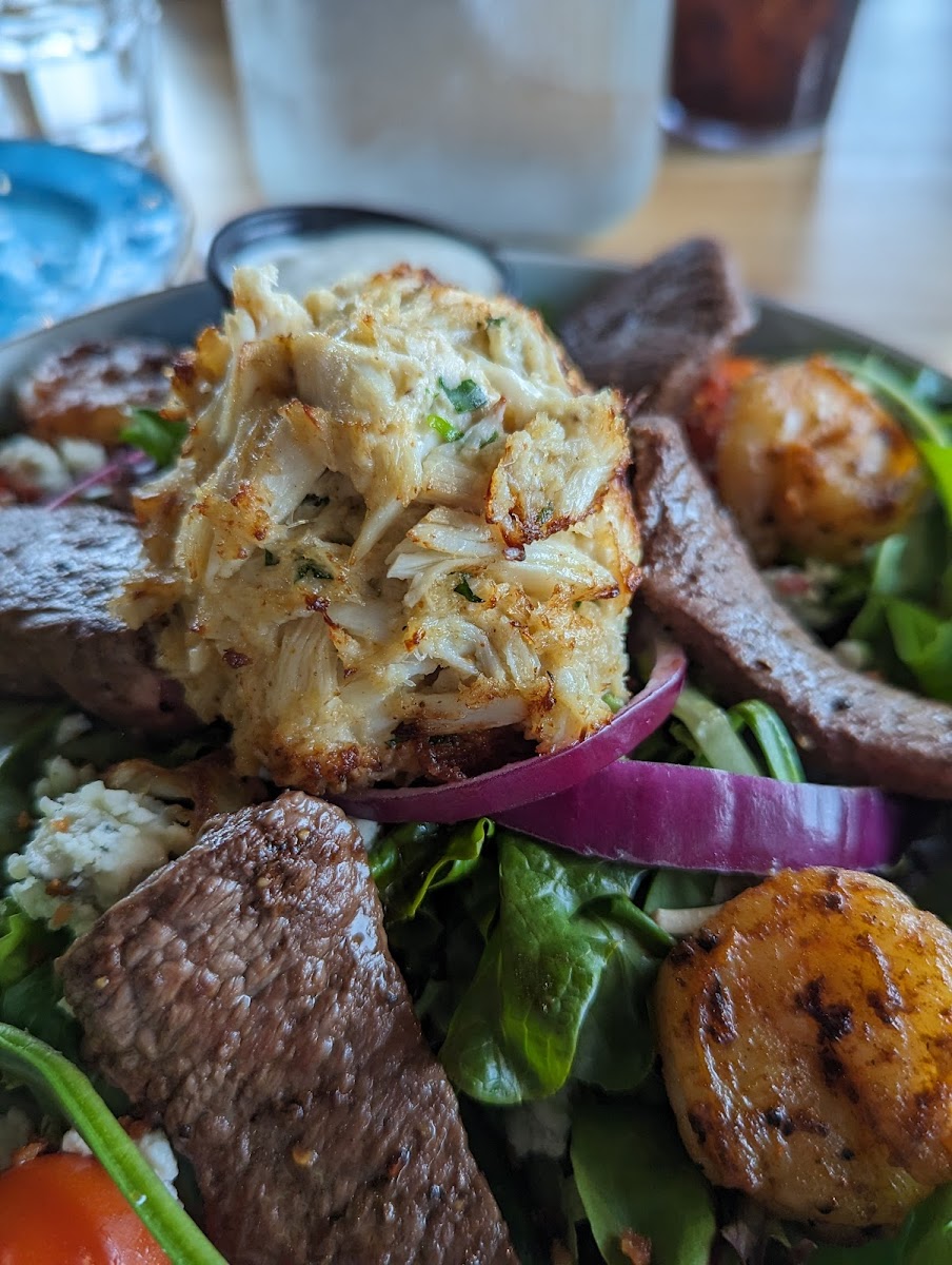 This time we had the black and blue with shrimp and steak. We added the crab cake. Delicious!