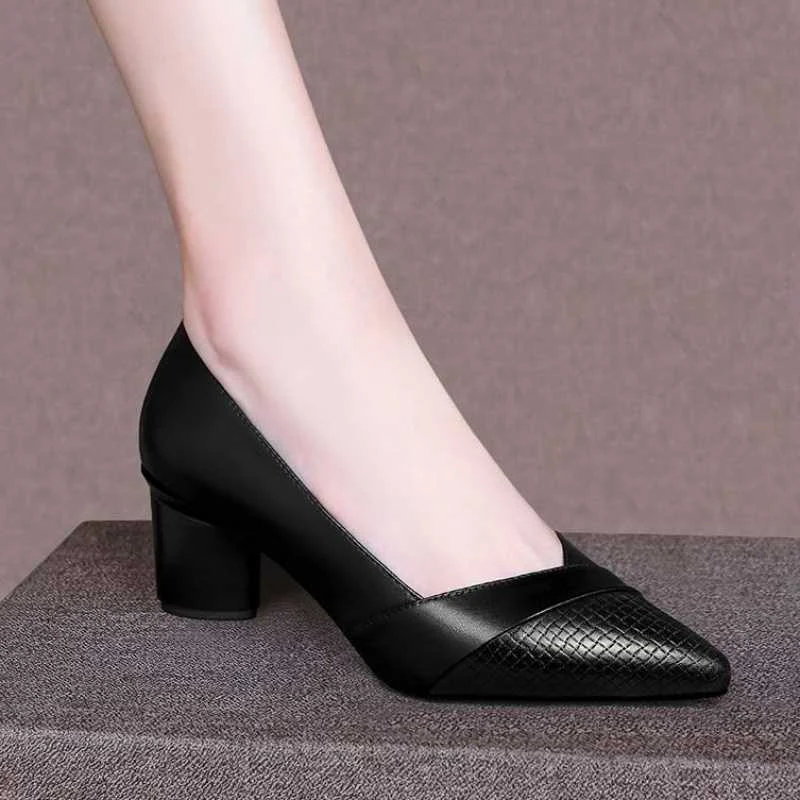 Genuine Leather Thick Heel Single Shoes for Women featuring a Mid-heel, Pointed Toe design in Double Brown. Stylish comf