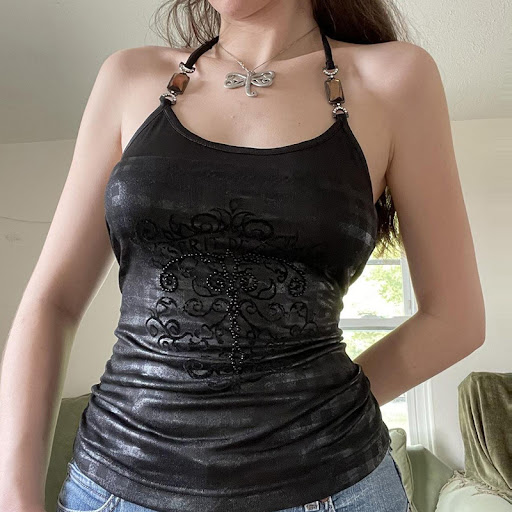 Title 2, Rhinestone Letter Print Backless Top, stylish a...