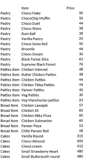 Mst Confectionery menu 